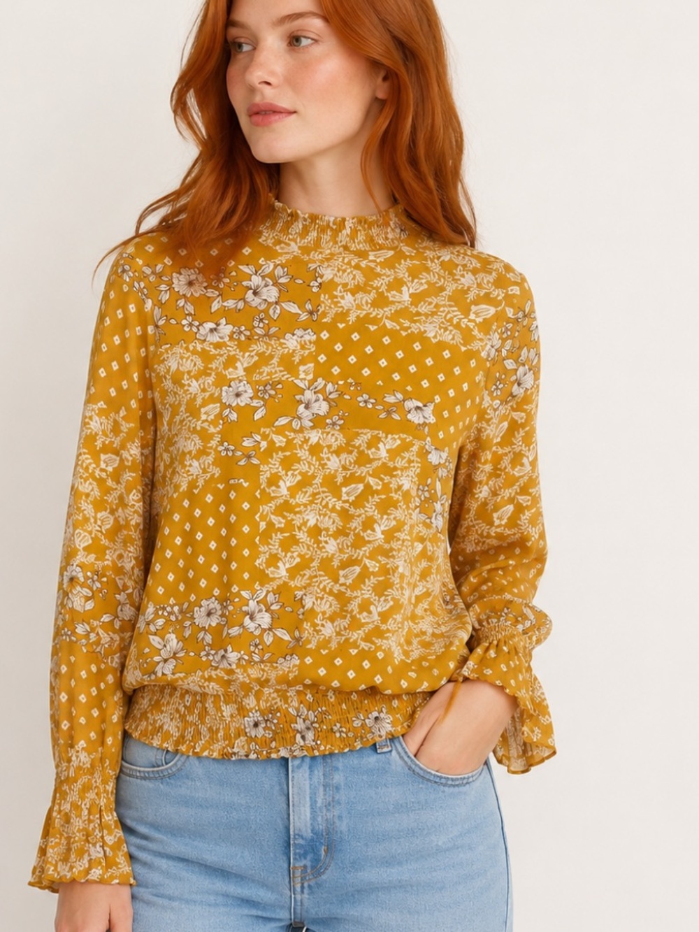 Luna Mock Neck Long Sleeve Yellow Print Top Sz L